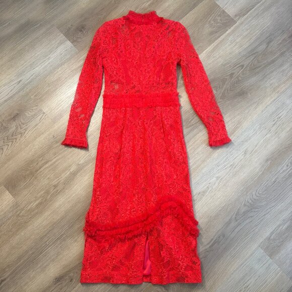 Alexis Anabella Lace Midi Dress in red size XS sheer panels long sleeve 0 2 - Picture 12 of 15